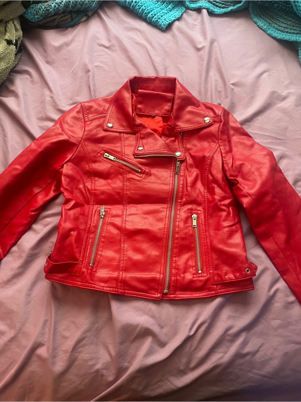 Red Faux Leather Moto Jacket - Women's Stylish Zip Coat